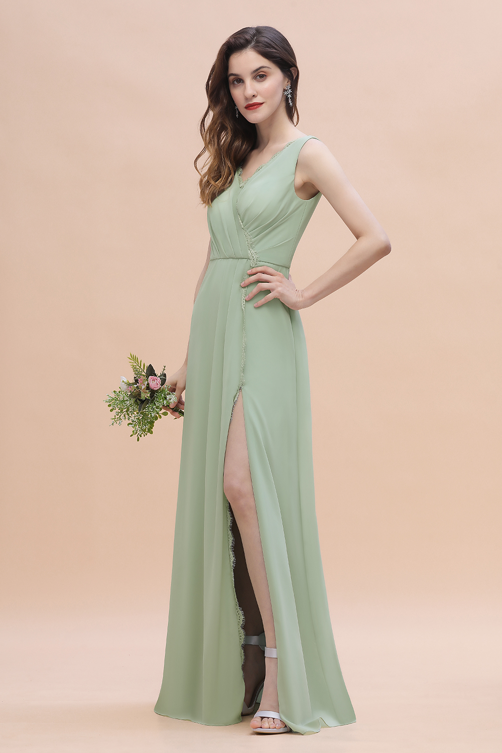 Wide Straps V-Neck Ruffles Chiffon Beach A-Line Bridesmaid Dress With Side Slit