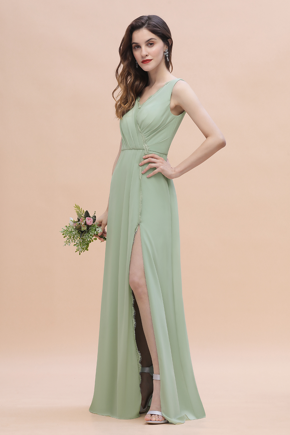 Wide Straps V-Neck Ruffles Chiffon Beach A-Line Bridesmaid Dress With Side Slit