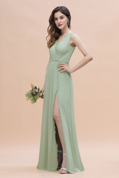 Wide Straps V-Neck Ruffles Chiffon Beach A-Line Bridesmaid Dress With Side Slit
