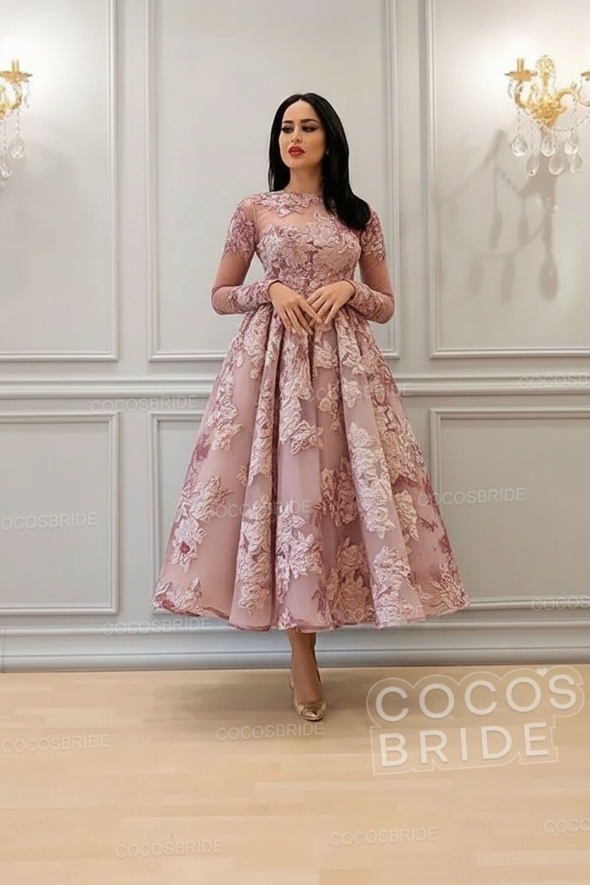 Elegant Short A-line High Neck Lace Ankle Length Formal Evening Dress with Sleeves