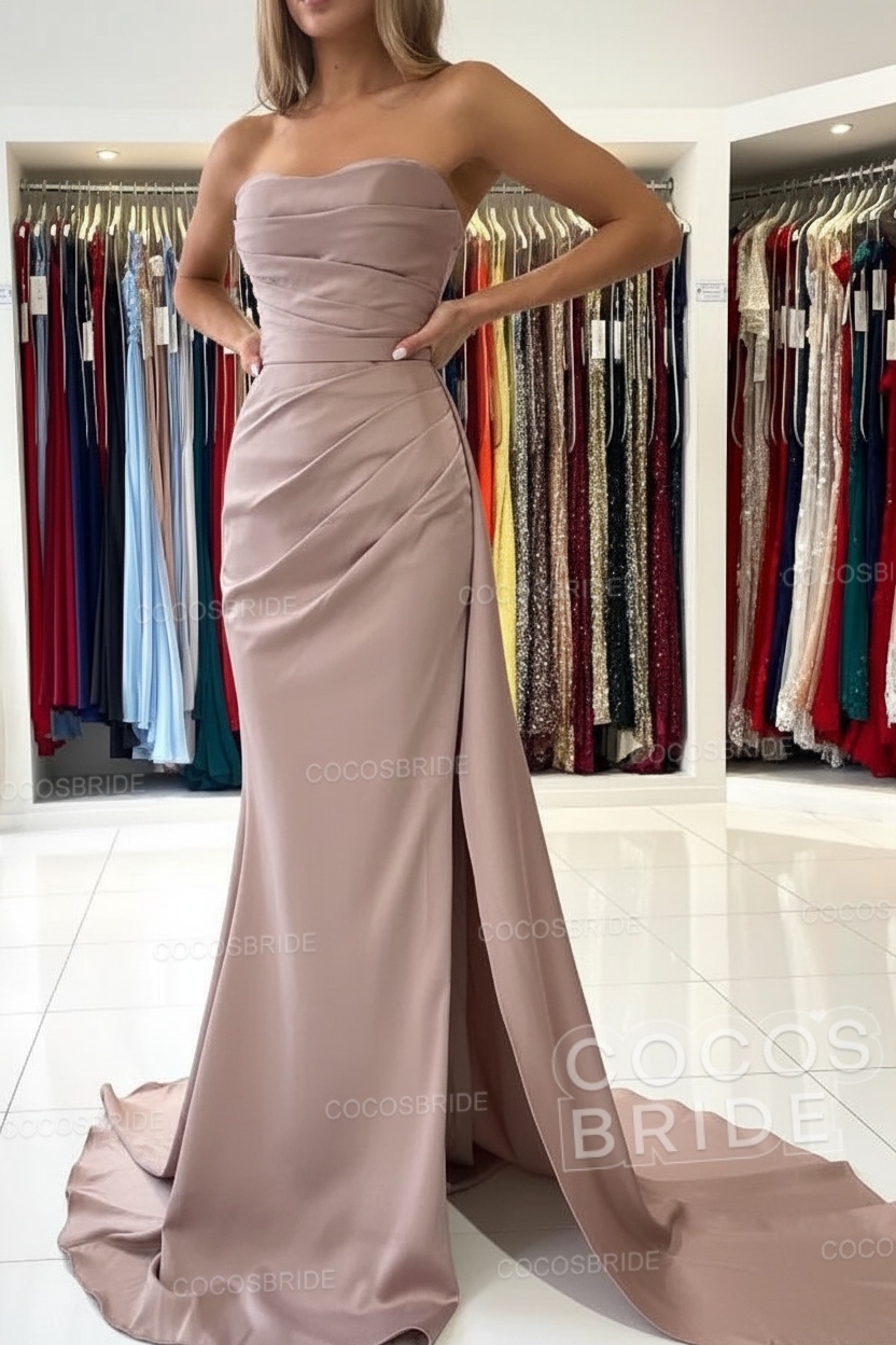 Long Mermaid Strapless Satin Prom Dress with Slit