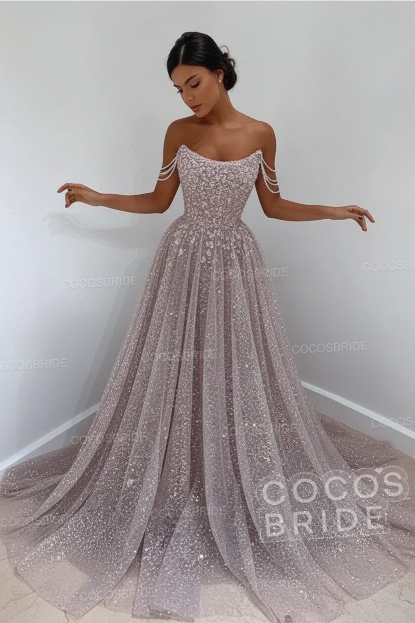 Long A-line Sparkly Sleeveless Sequined Formal Prom Dress