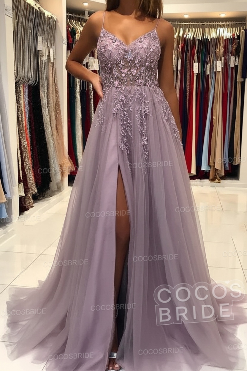 Long A-line V-neck Spaghetti Straps Open Back Prom Dress with Slit