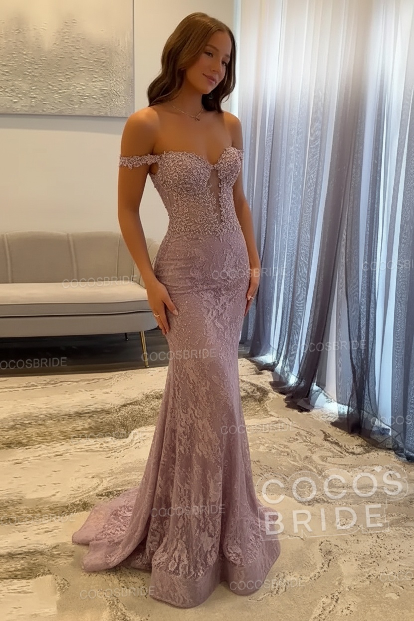 Dark Navy Long Mermaid Off the Shoulder Lace Prom Dress