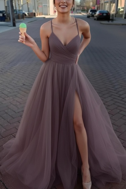 Long Spaghetti Straps V-neck A-Line Tulle Prom Dress With Side Slit