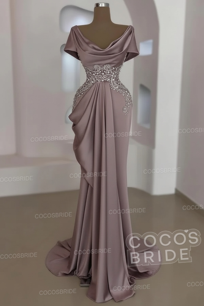 Mermaid Cowl Neck Satin Long Prom Dresses with Short Sleeves