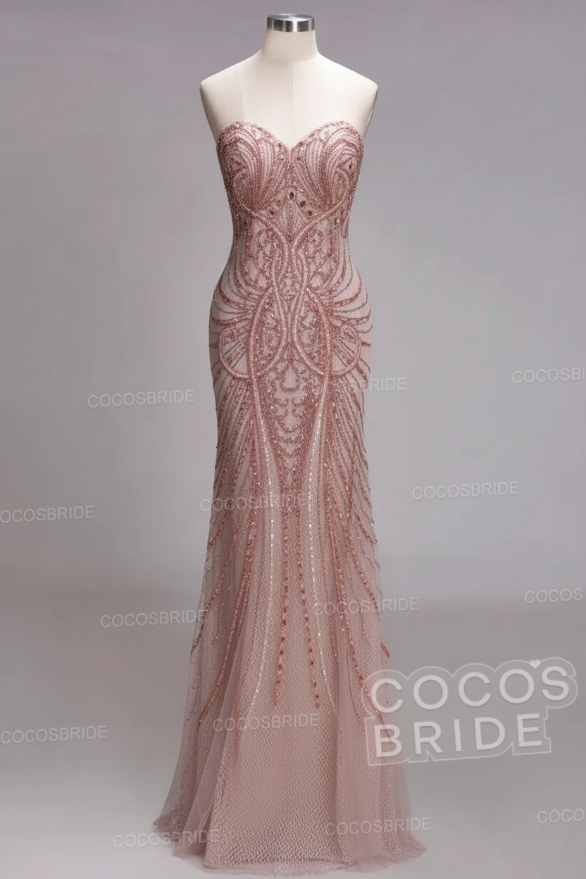 Mermaid Strapless Sweetheart Long Sequined Formal Evening Dresses with Beads