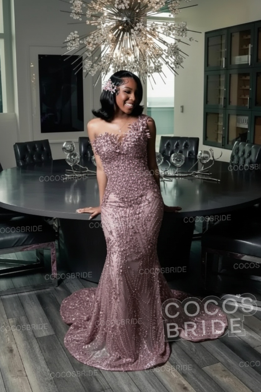 One Shoulder Sleeveless Mermaid Prom Dress with Beaded