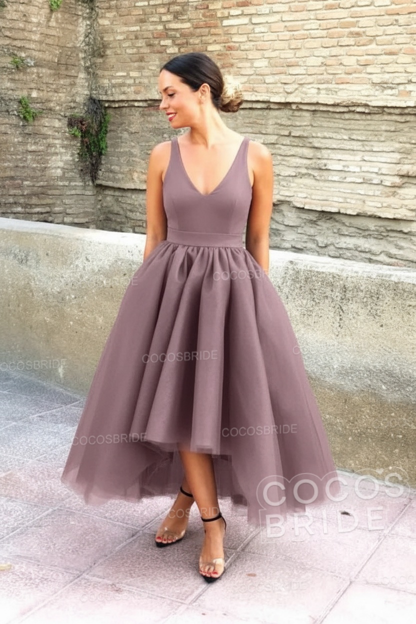 Simple Black V-neck Sleeveless Asymmetrical A-Line Prom Dresses