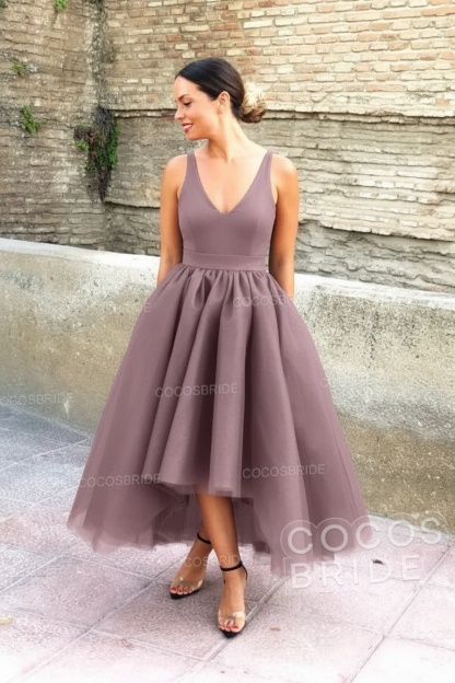 Simple Black V-neck Sleeveless Asymmetrical A-Line Prom Dresses