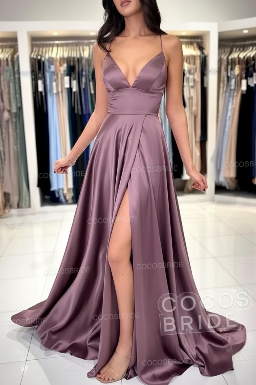 Simple Long A-line V-neck Satin Backless Formal Prom Dresses with Slit