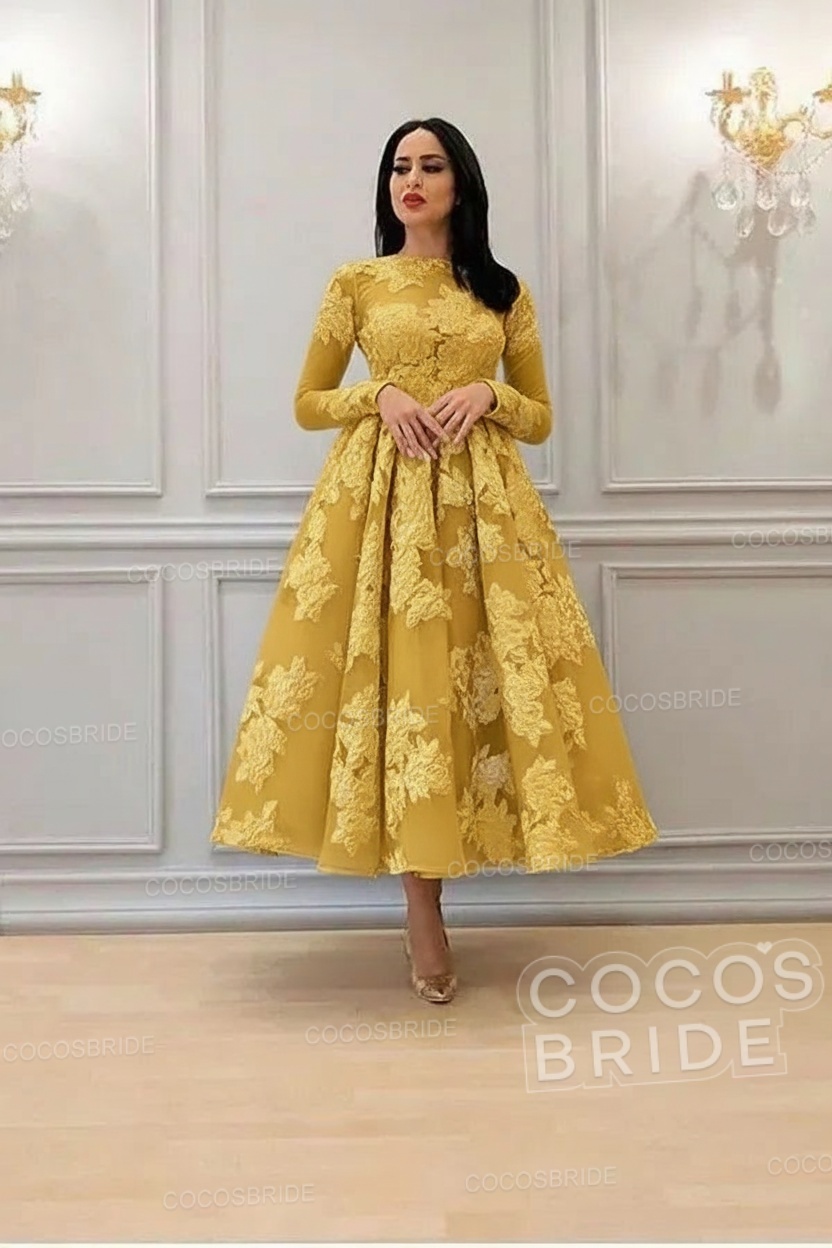 Elegant Short A-line High Neck Lace Ankle Length Formal Evening Dress with Sleeves