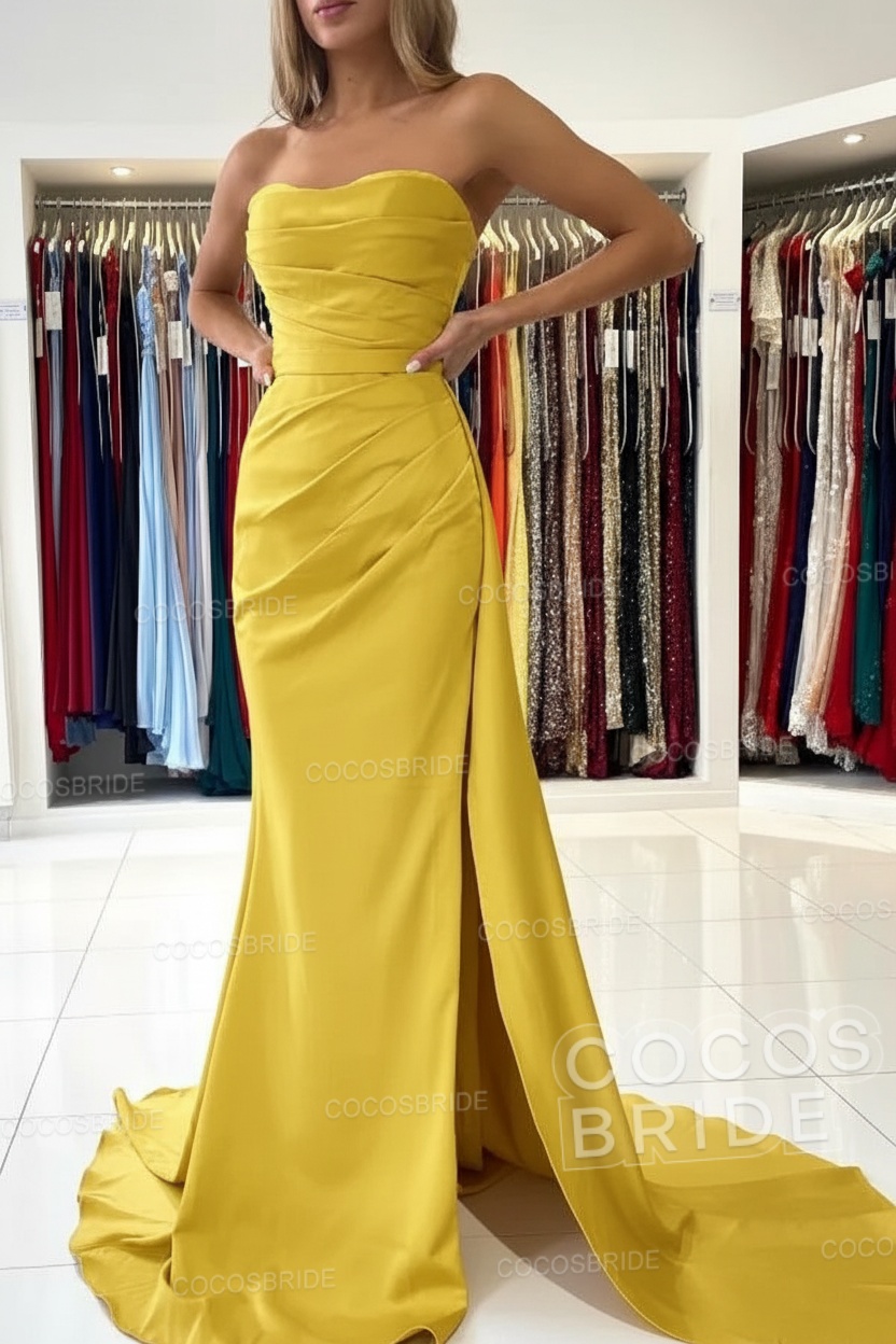 Long Mermaid Strapless Satin Prom Dress with Slit