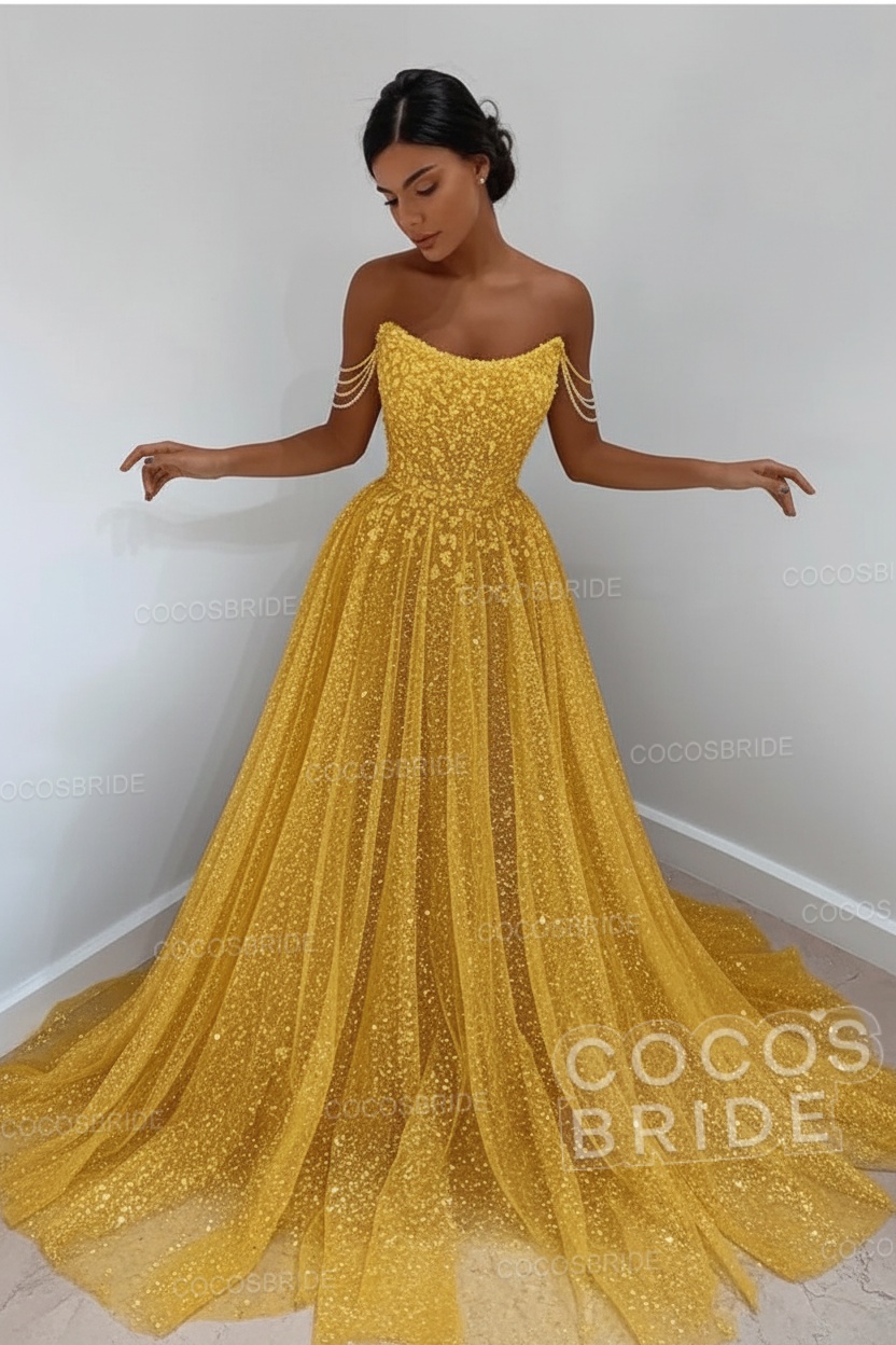 Long A-line Sparkly Sleeveless Sequined Formal Prom Dress