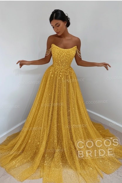 Long A-line Sparkly Sleeveless Sequined Formal Prom Dress