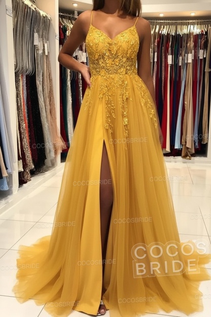 Long A-line V-neck Spaghetti Straps Open Back Prom Dress with Slit