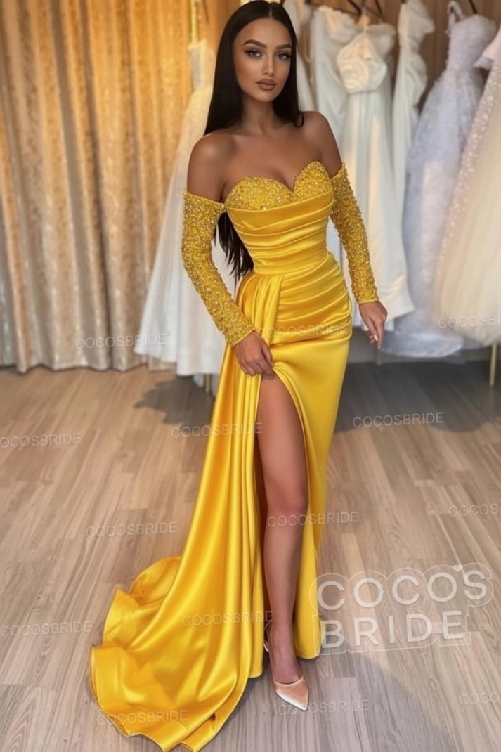 Long Mermaid Off the Shoulder Satin Front Slit Prom Dresses with Sleeves