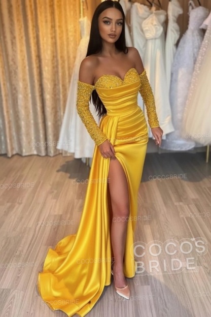 Long Mermaid Off the Shoulder Satin Front Slit Prom Dresses with Sleeves