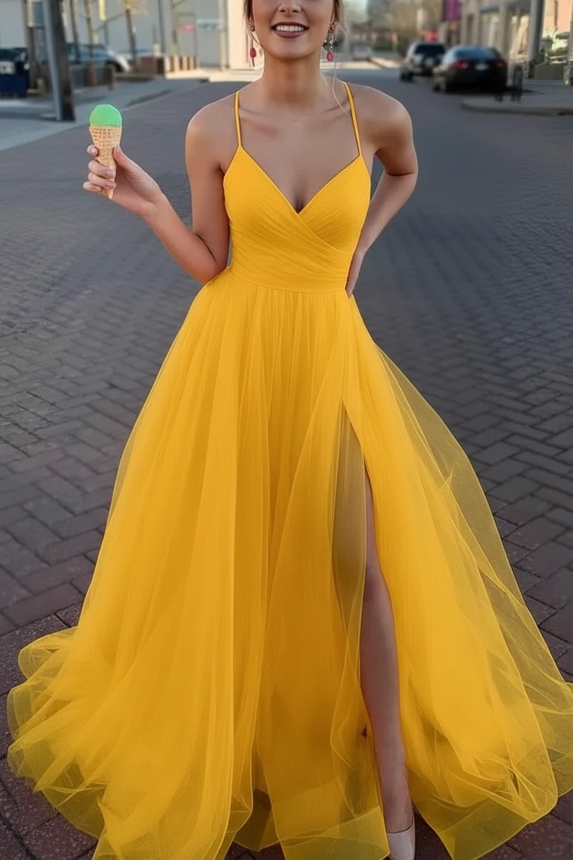 Long Spaghetti Straps V-neck A-Line Tulle Prom Dress With Side Slit