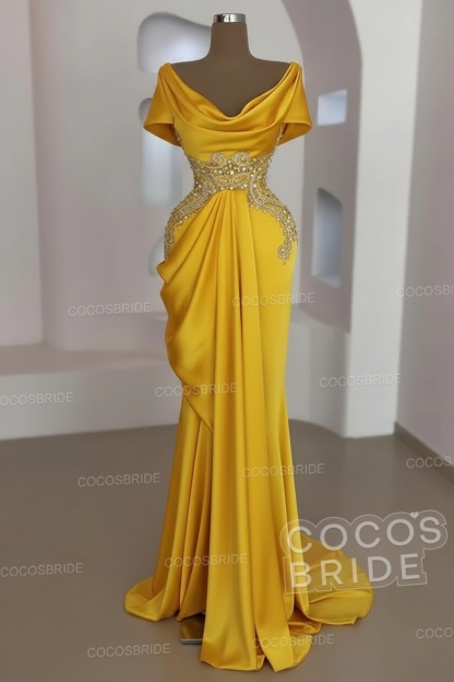 Mermaid Cowl Neck Satin Long Prom Dresses with Short Sleeves