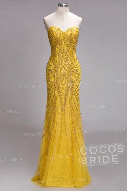 Mermaid Strapless Sweetheart Long Sequined Formal Evening Dresses with Beads