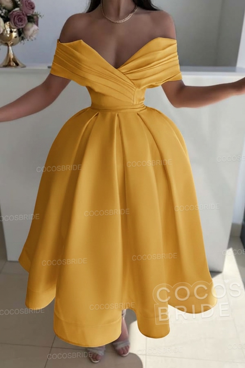 Off the Shoulder A-Line Satin Prom Dress with Pleated
