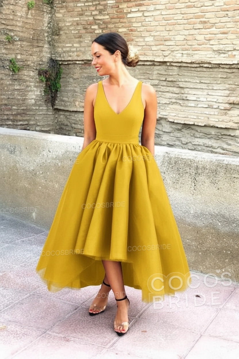 Simple Black V-neck Sleeveless Asymmetrical A-Line Prom Dresses