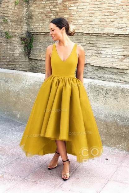 Simple Black V-neck Sleeveless Asymmetrical A-Line Prom Dresses