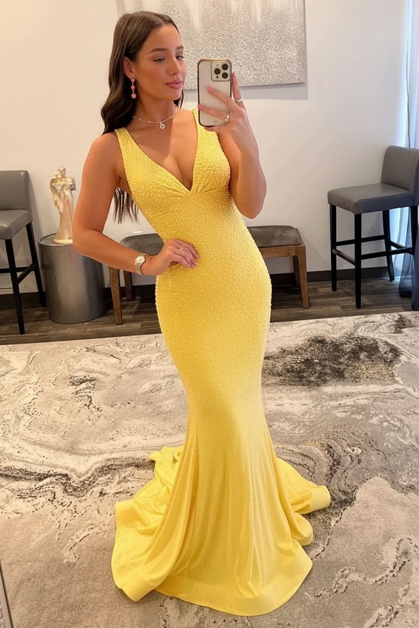 Orange Long Mermaid V neck Sequin Backless Prom Dress