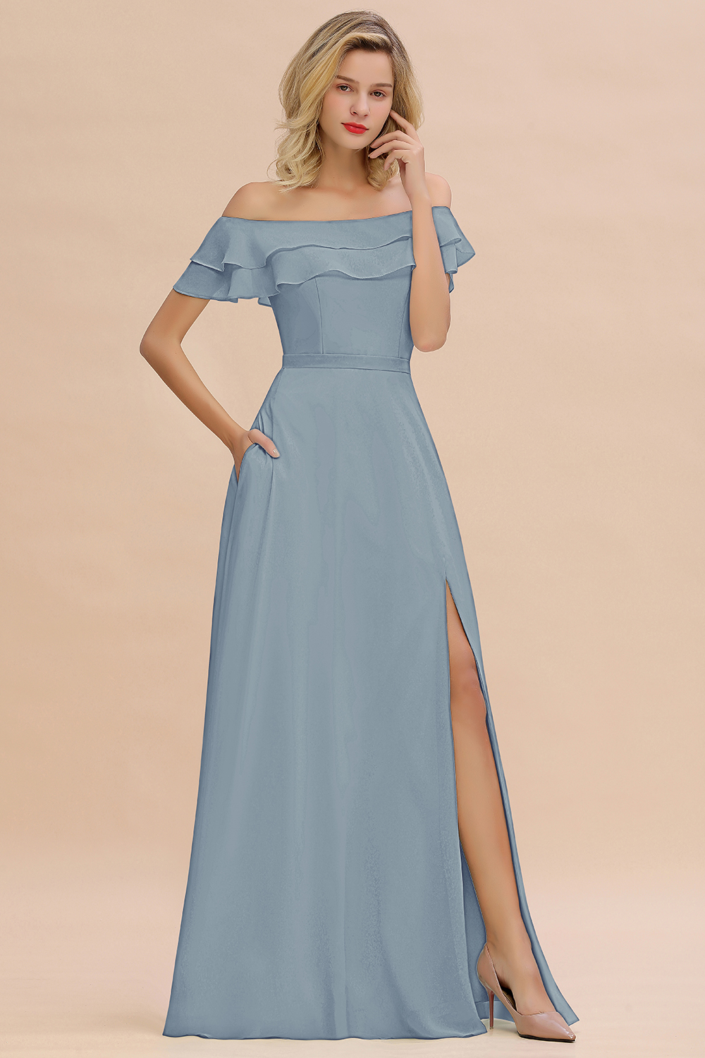 Off-the-Shoulder Front Slit Mint Green Long Bridesmaid Dress