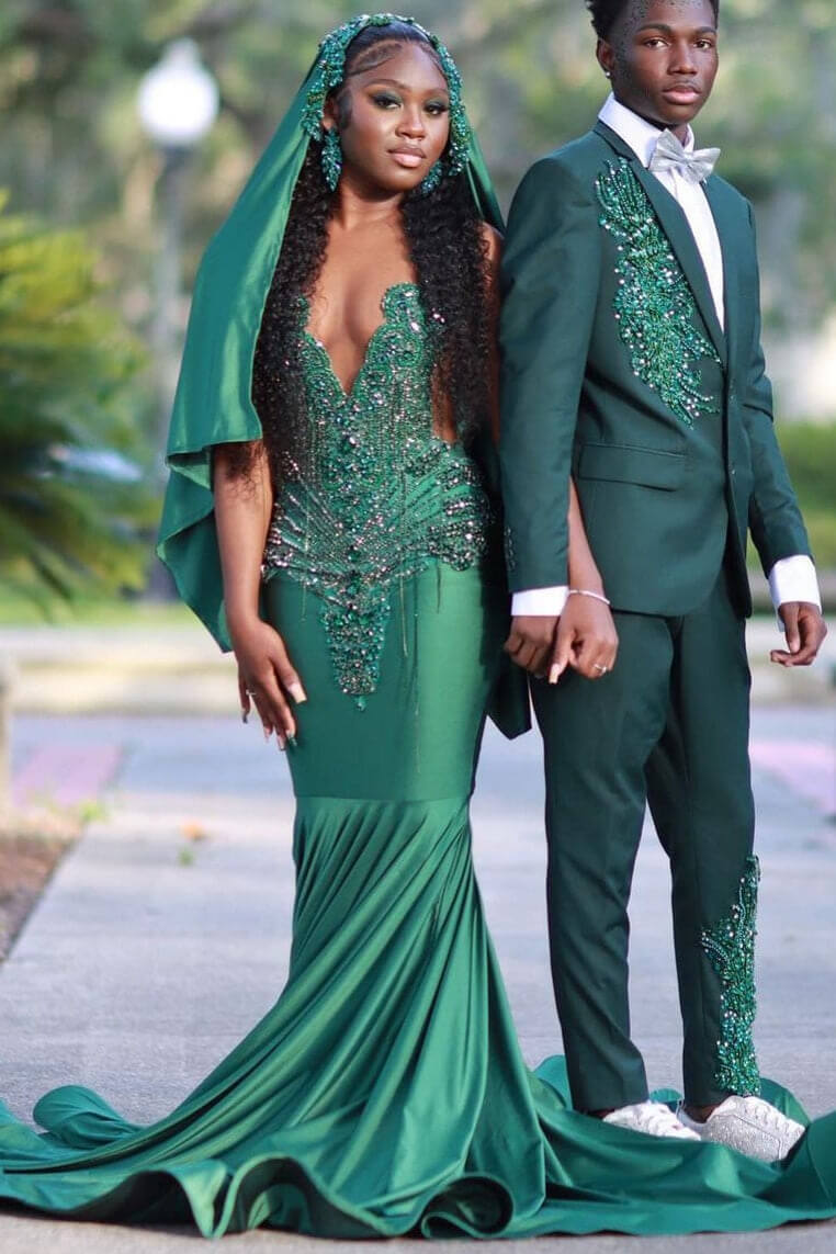 Dark Green Long Mermaid Satin Beaded Halter Prom Dresses