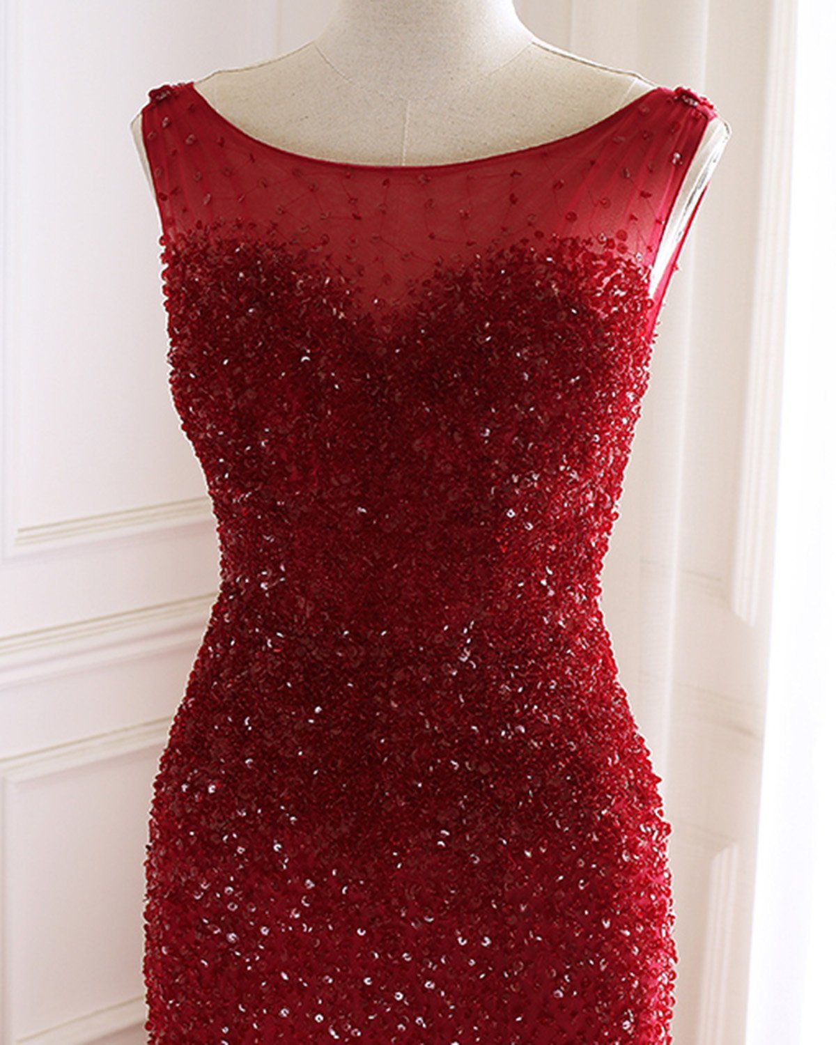 Burgundy Tulle Open Back Beaded Long Mermaid Prom Dress