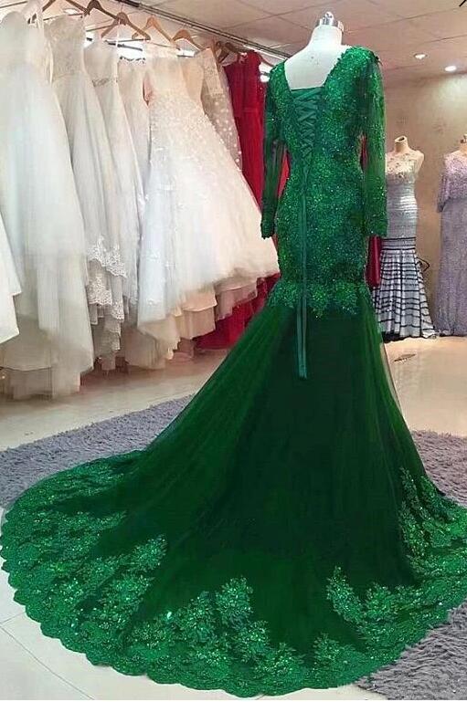 Gorgeous Long Sleeve V-neck Appliques Lace Beading Tulle Mermaid Prom Dress