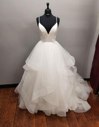 Long Multi-layered A-line White Tulle V-neck Wedding Dress