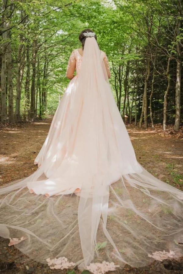 Plus Size Long A-line Scoop Satin Lace Wedding Dress with Sleeves