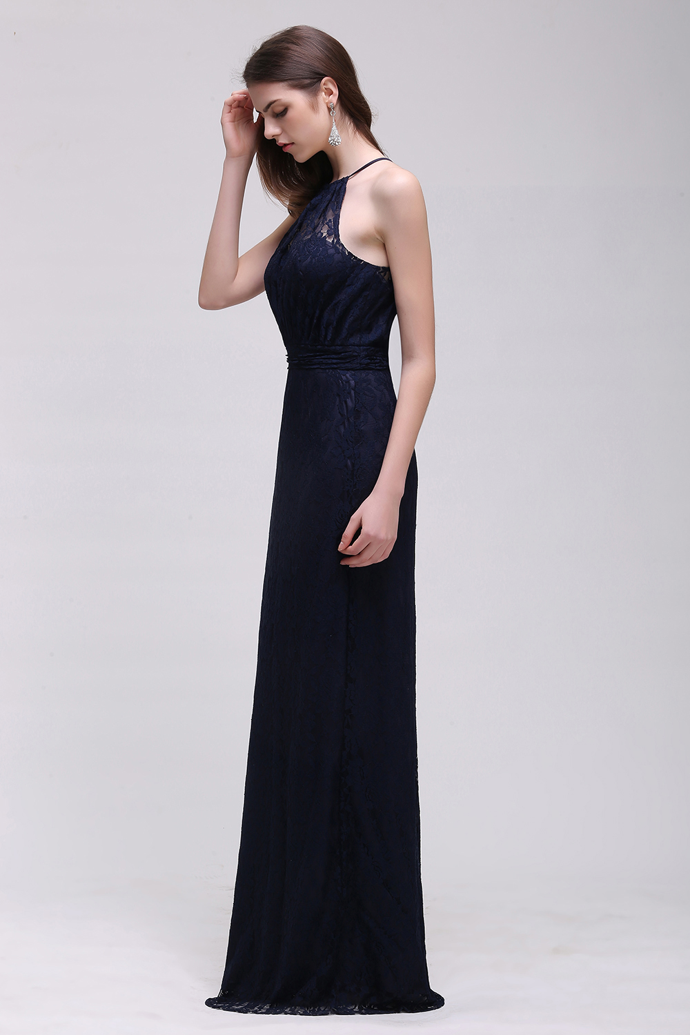 Elegant A-Line Lace Halter Sleeveless Floor-length Bridesmaid Dress