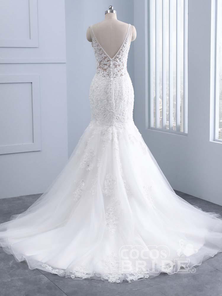 Elegant Long V-neck Lace Mermaid Tulle Wedding Dresses