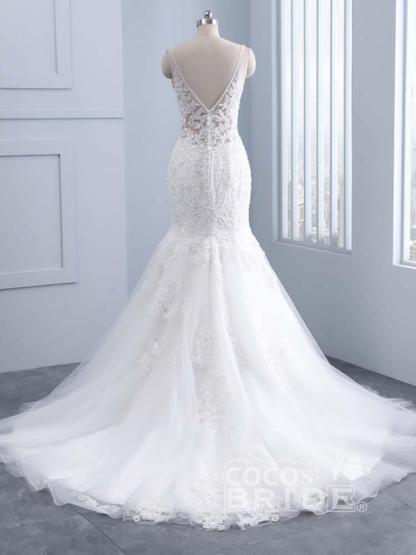 Elegant Long V-neck Lace Mermaid Tulle Wedding Dresses