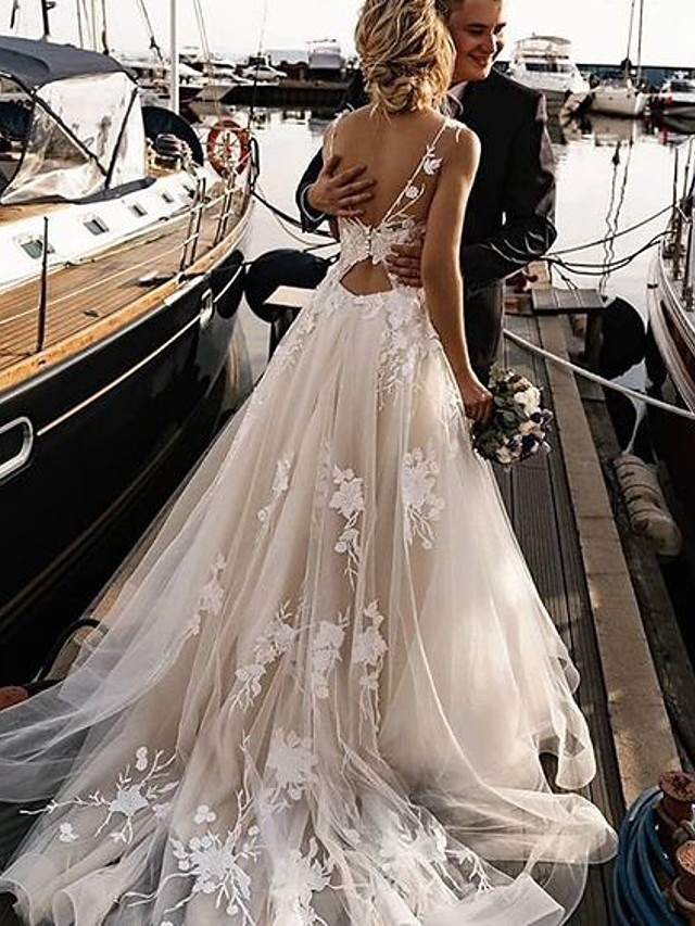Long A-line V Neck Court Train Tulle Spaghetti Strap Backless Wedding Dresses