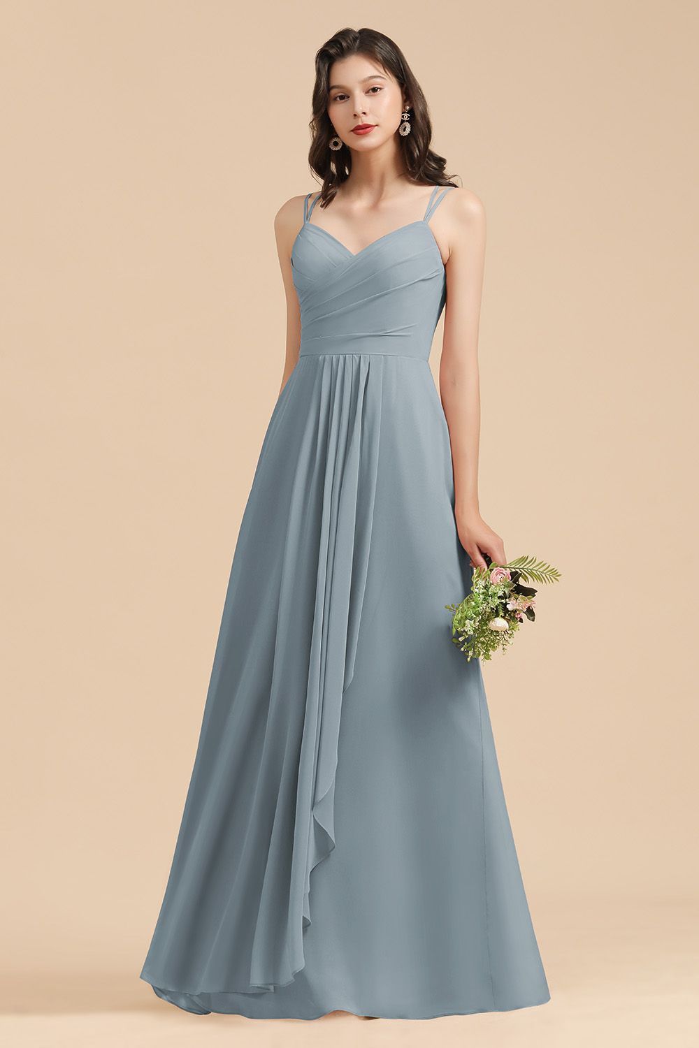 Long A-line V-Neck Chiffon Bridesmaid Dress Dusty Blue Wedding Guest Dress