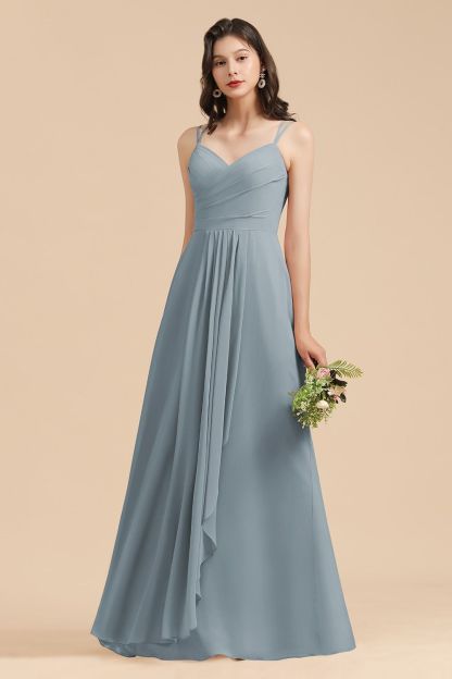 Long A-line V-Neck Chiffon Bridesmaid Dress Dusty Blue Wedding Guest Dress