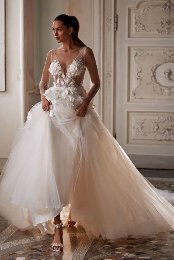 A Line Open Back Tulle Deep V Neck Long Sleeves Floor Length Wedding Dress with Lace