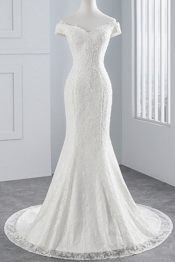 Off Shoulder Lace-up Mermaid Lace Wedding Dress