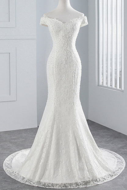 Long Off the Shoulder Lace-up Mermaid Lace Wedding Dress