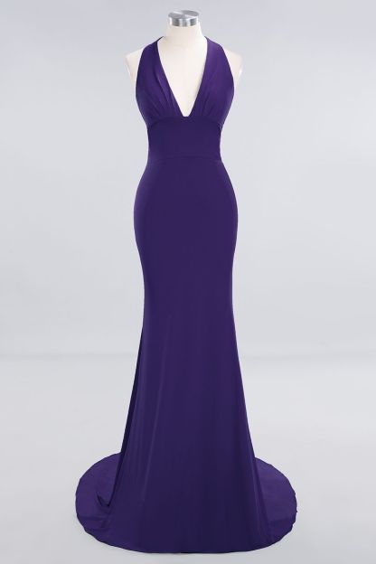 Elegant Halter Deep V-neck Open Back Floor-length Mermaid Prom Dress