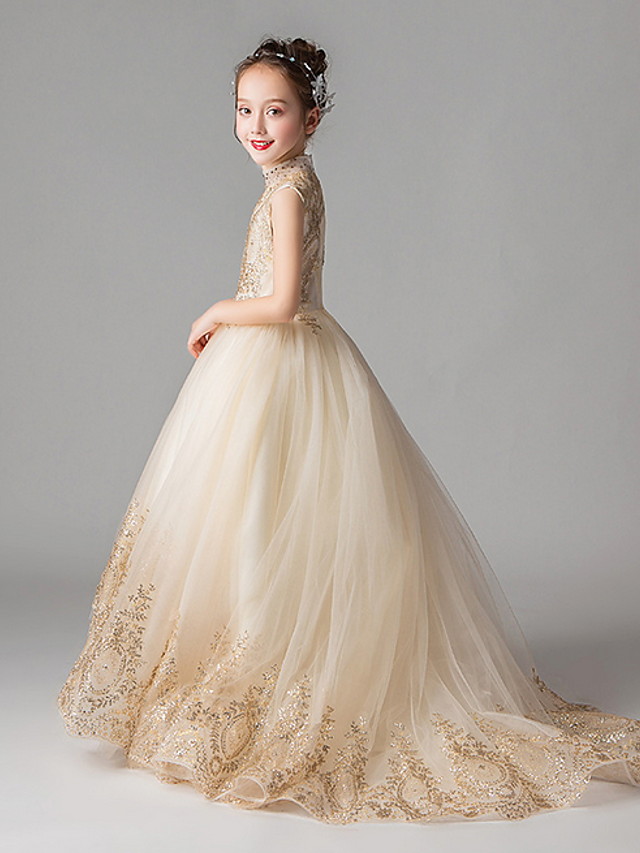 Princess Court Train Party / Pageant Flower Girl Dresses - Polyester Sleeveless Jewel Neck With Appliques