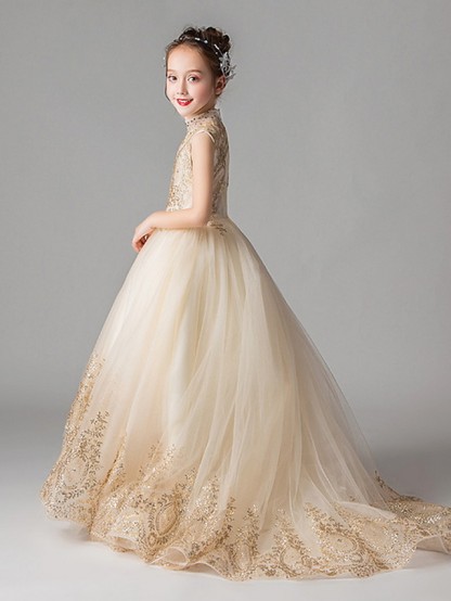 Princess Court Train Party / Pageant Flower Girl Dresses - Polyester Sleeveless Jewel Neck With Appliques
