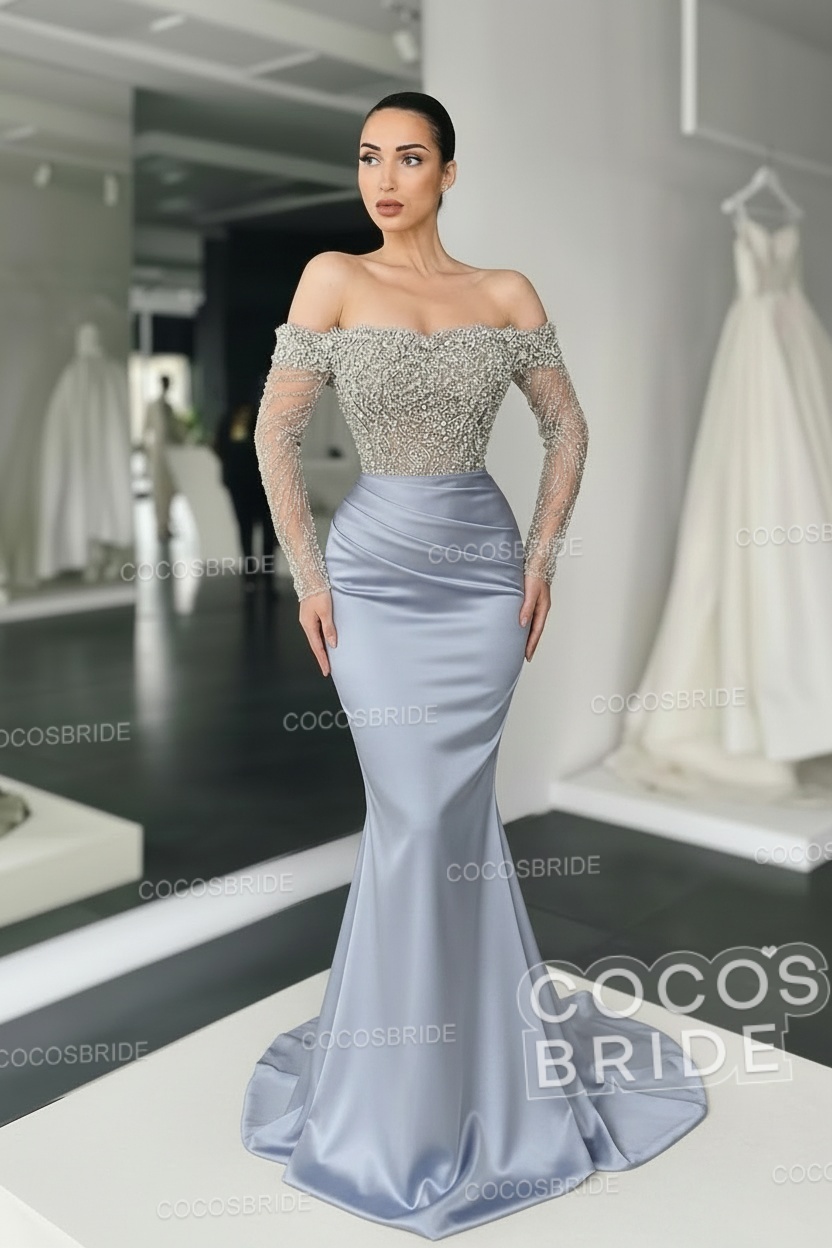 Long Mermaid Off the Shoulder Satin Prom Dress with Sleeves