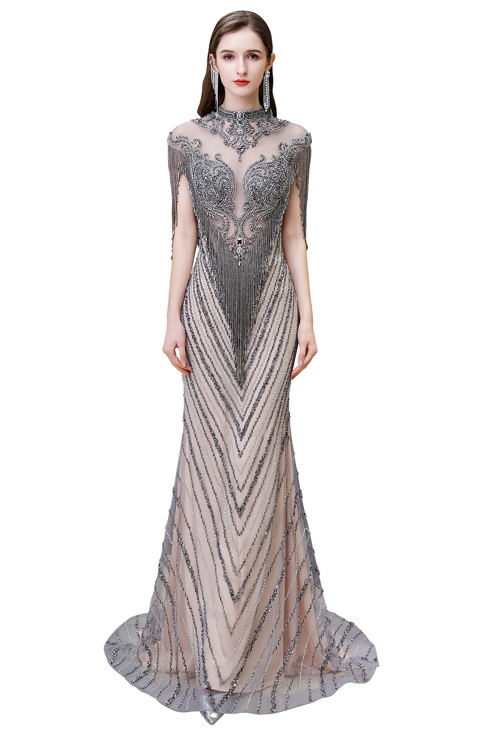 High Neck Cap sleeves Sparkle Beads Long Prom Dresses