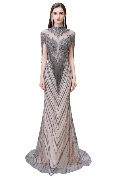 High Neck Cap sleeves Sparkle Beads Long Prom Dresses